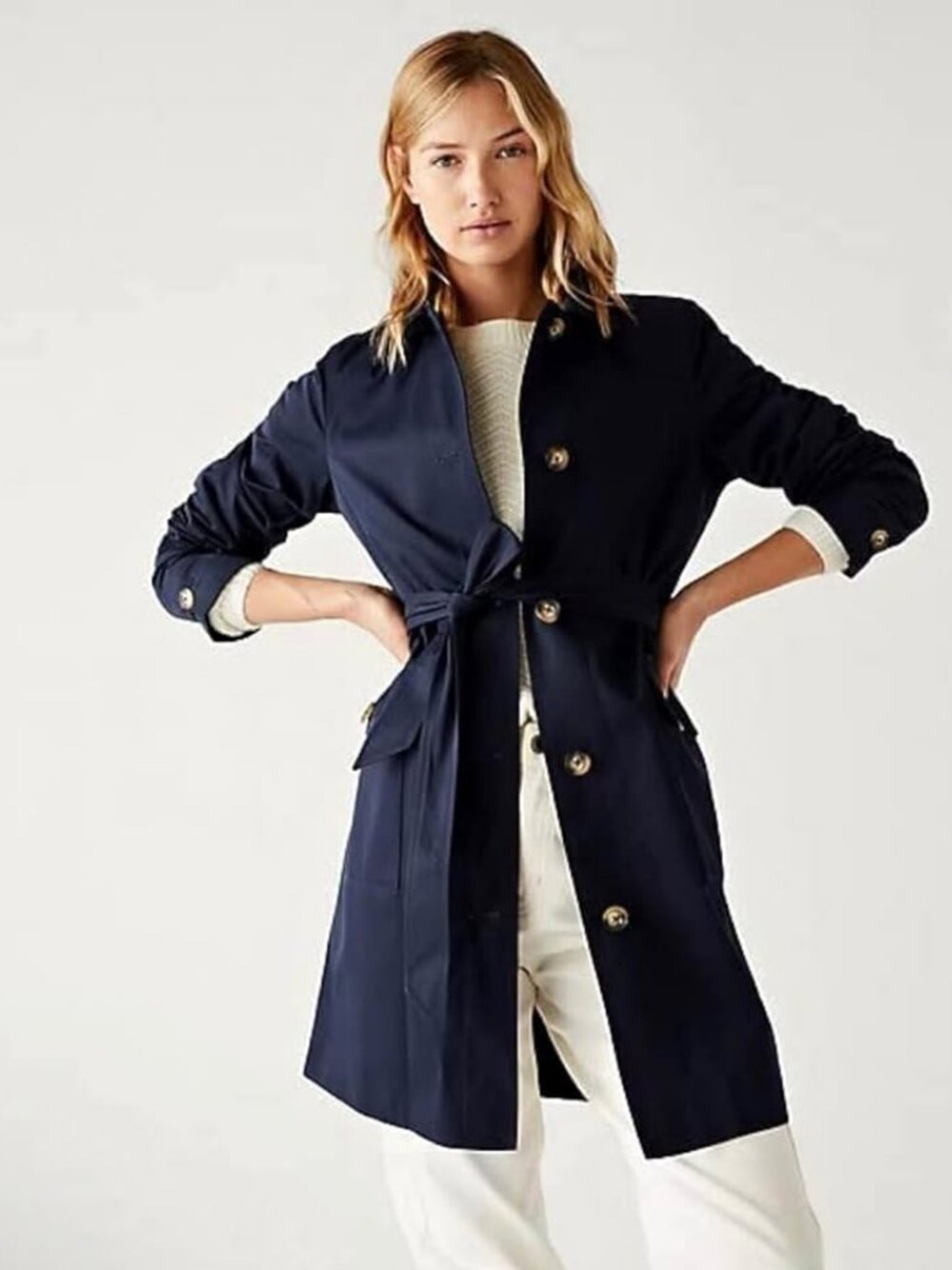 Marks & Spencer Women's Navy Belted Mid Thigh Trench Coat US 6/UK 10